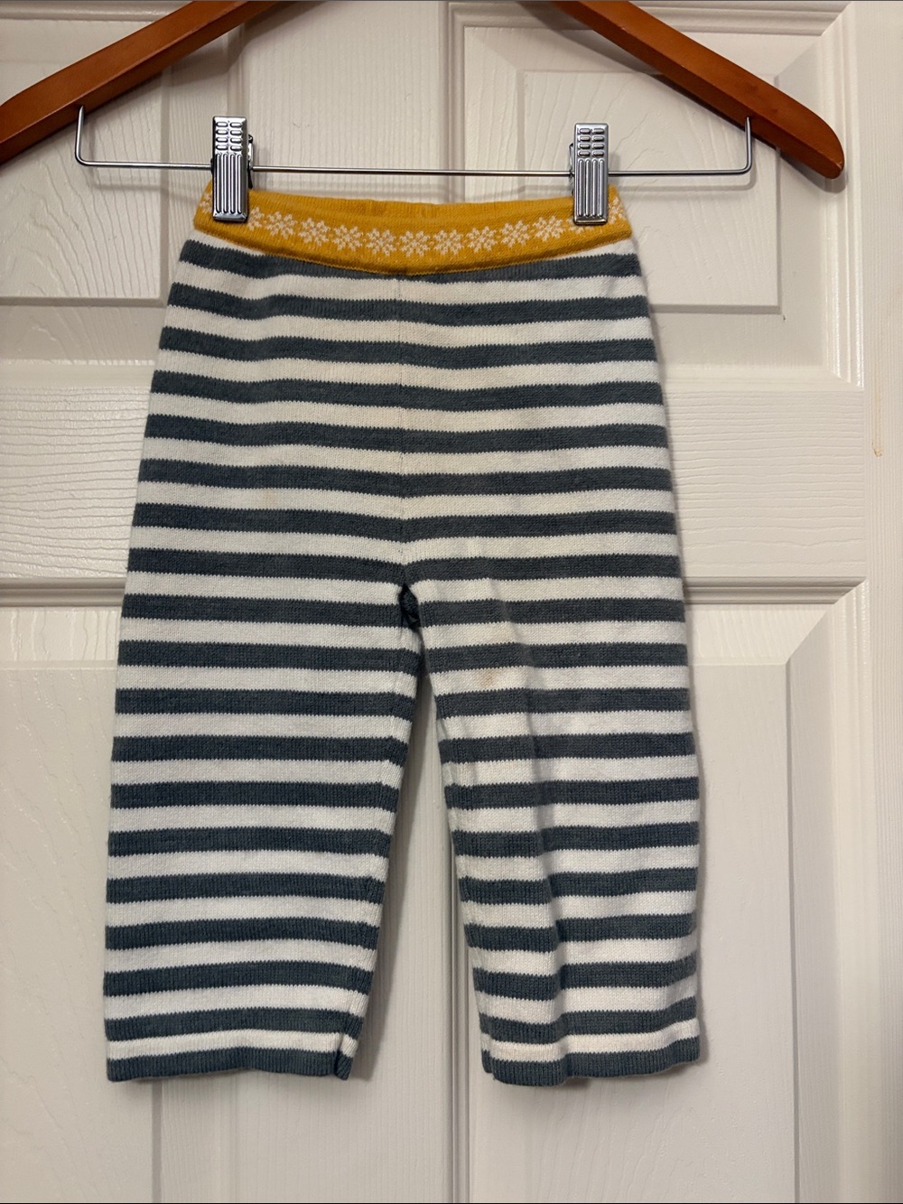 Hanna Andersson Striped Knit Pants in White and Teal with Yellow Waistband